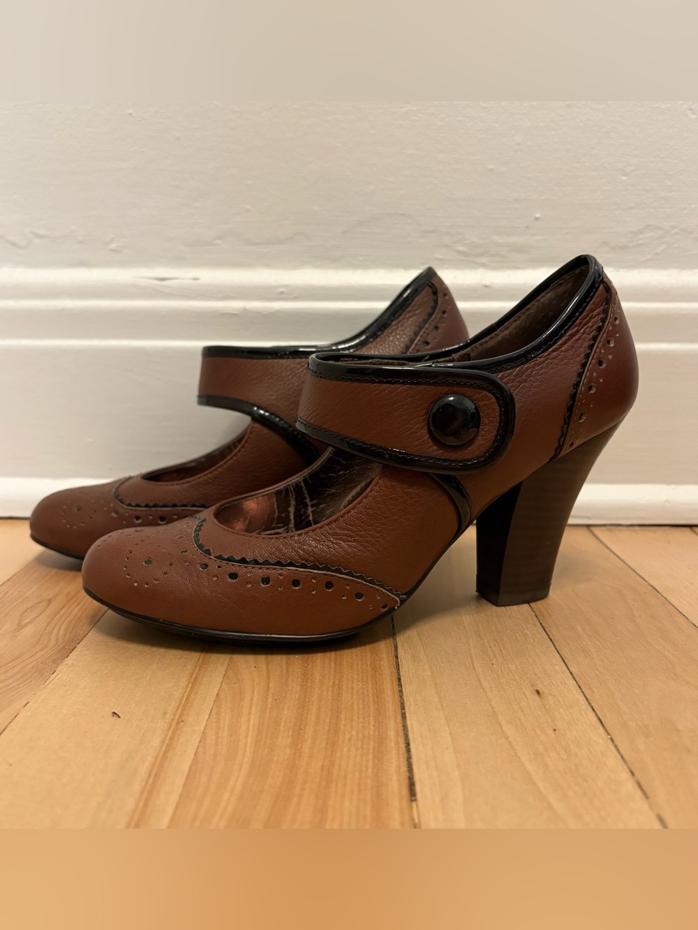 Mary Jane Brown High-Heel Pumps with Button Strap